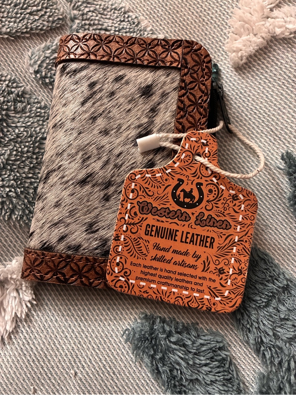 Genuine Leather Cowhide Zip Wallet in White & Brown